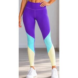 Fabletics PowerHold Colorblock Leggings Women Small Purple Aqua White Yoga Pants